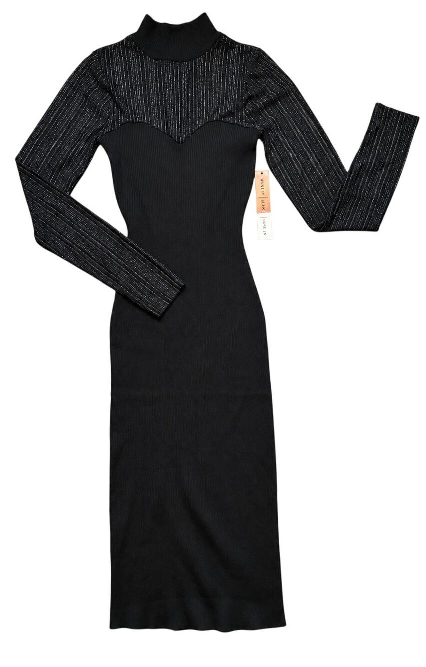 Almost Famous Black Ribbed Bodycon Dress Metallic Mesh Long Sleeves S